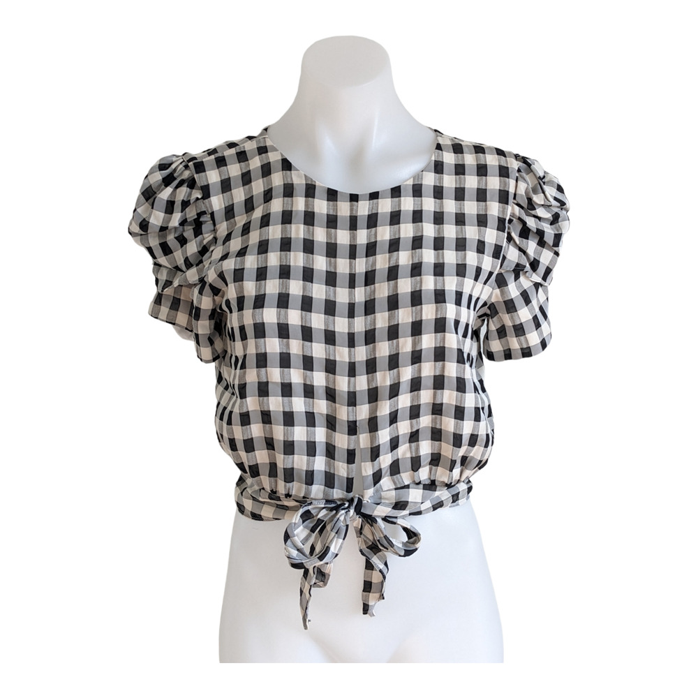 Cosmopolitan Dress the Population Size Small Gingham Top Tan Black Puff Sleeves